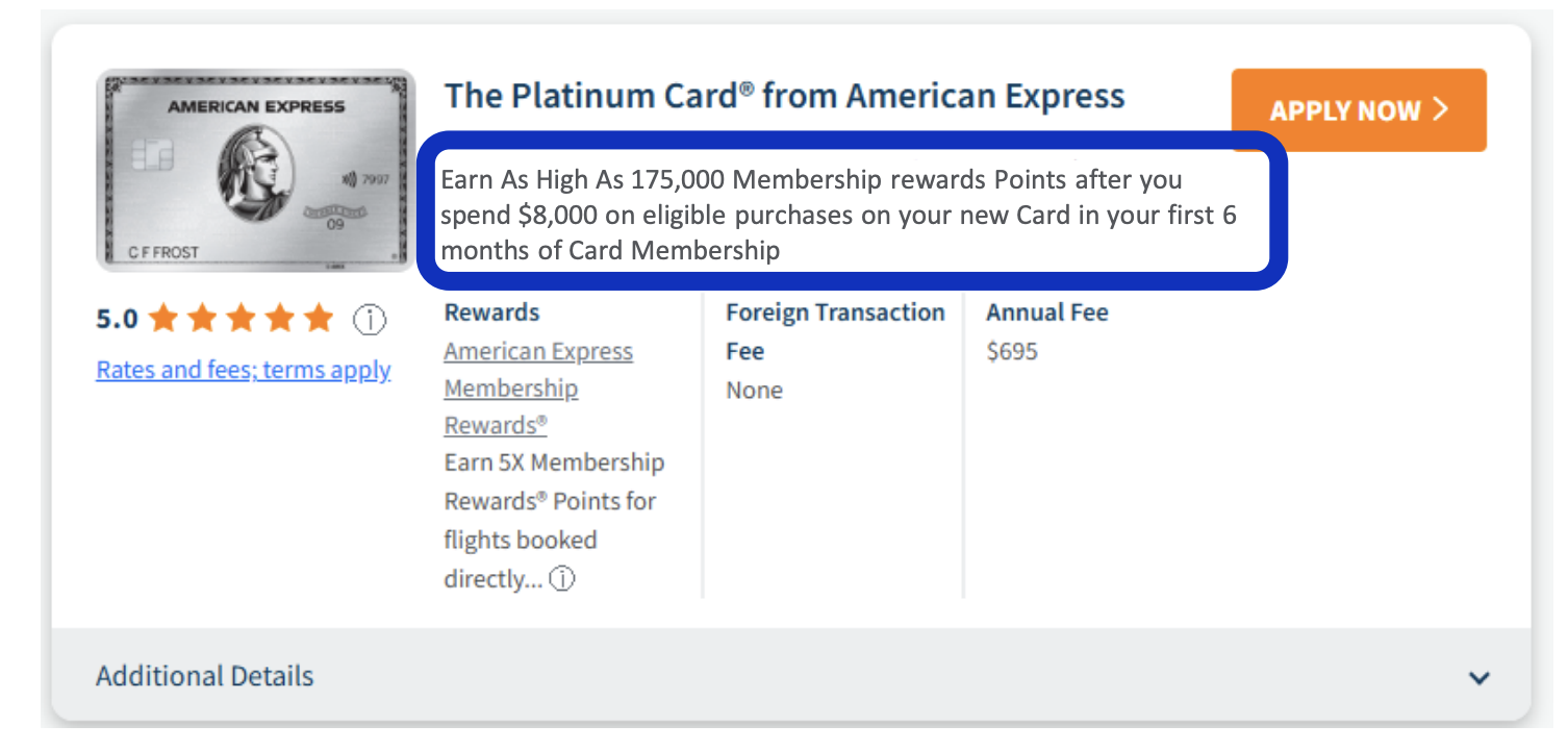 Screenshot of an American Express Platinum Card offer showing 175,000 points after spending $8,000 in 6 months; includes an image of the card, a 5-star rating, fees, an orange Apply Now button, and highlights use of the cardmatch tool.